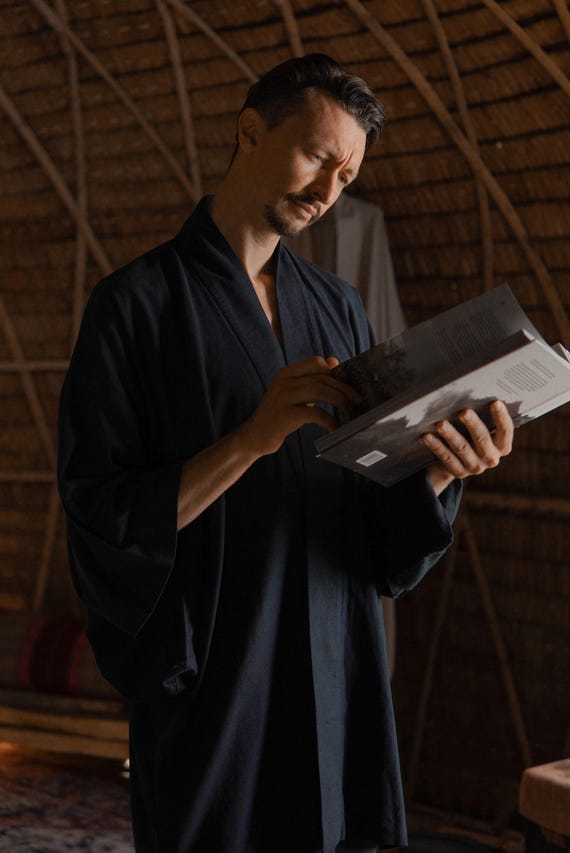 Men's Linen Kimono Robe, Japanese Haori Jacket, Soft Blend (95cm Length)