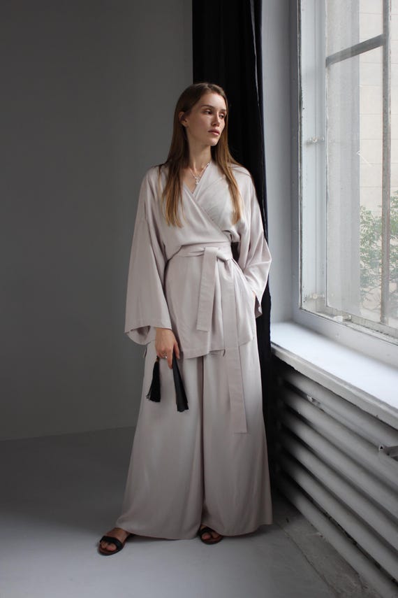 Dark Blue Kimono Blouse, Wide Sleeves, Side Slits, Asian Style Wrap Shirt, Rayon