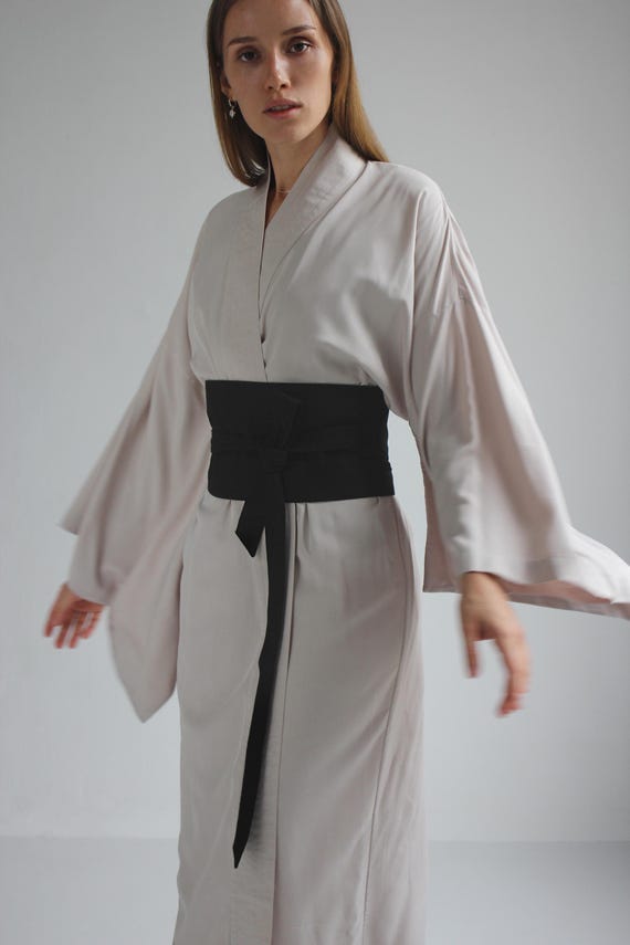 Wide Obi Japanese style belt, linen belt sash, black fabric belt