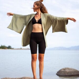 Olive Rayon Kimono Dress, Japanese Style Robe, Wide Collar Sleeves
