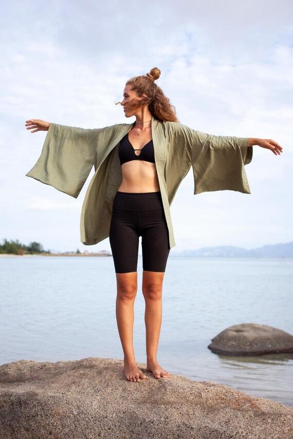 Olive Rayon Kimono Dress, Japanese Style Robe, Wide Collar Sleeves
