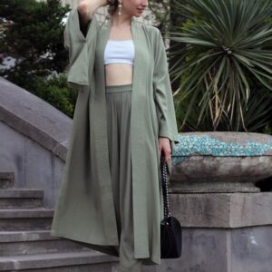 Olive Rayon Kimono Dress, Japanese Style Robe, Wide Collar Sleeves