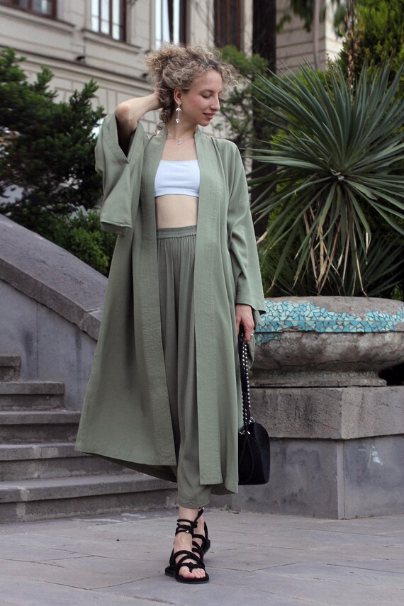 Olive Rayon Kimono Dress, Japanese Style Robe, Wide Collar Sleeves