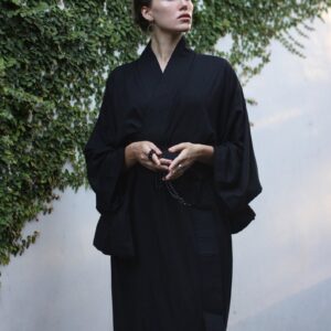 Black Kimono Dress, Japanese style, Long Robe, Short cape, free size