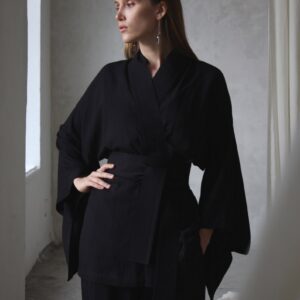 Black Kimono Dress, Japanese style, Long Robe, Short cape, free size