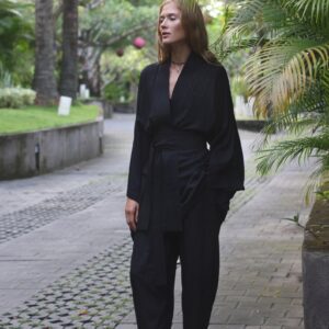 Black Kimono Dress, Japanese style, Long Robe, Short cape, free size